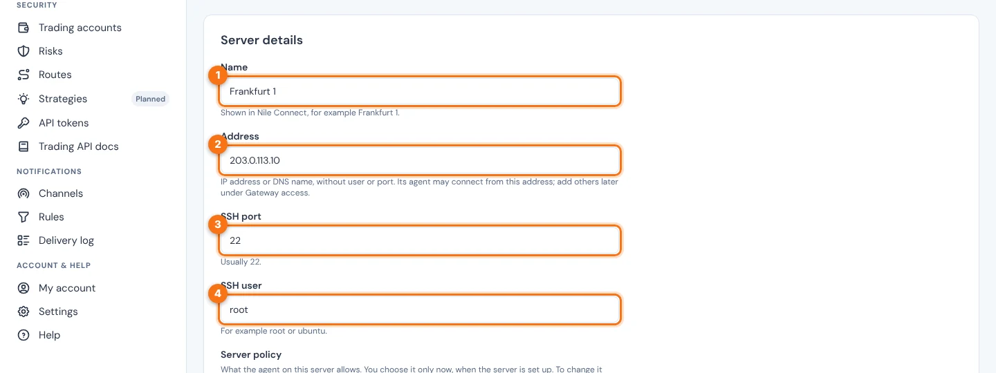 The Server details form with Name, Address, SSH port and SSH user filled in and numbered 1 to 4.