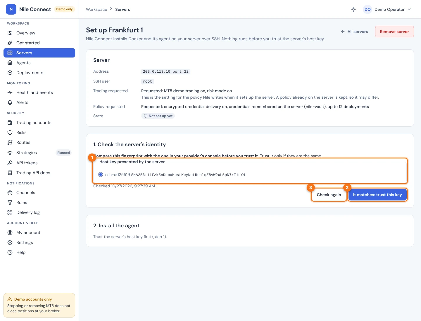 The setup page, step 1, with the host key fingerprint, a Check again button and a trust button, numbered 1 to 3.