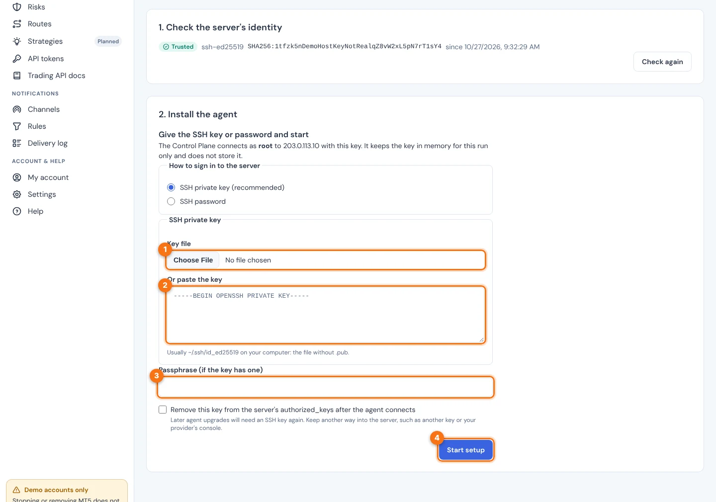 Step 2, Install the agent, with the sign-in choice, key file chooser, paste box, passphrase field and Start setup button, numbered 1 to 4.