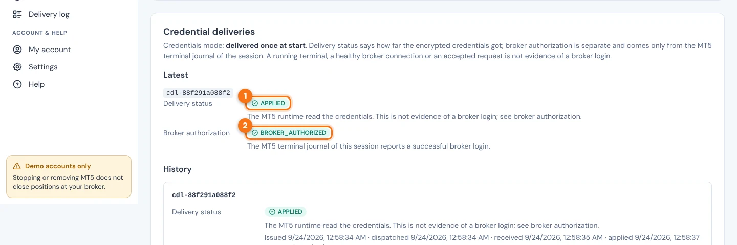 The Credential deliveries section showing Delivery status APPLIED and Broker authorization BROKER_AUTHORIZED, numbered 1 and 2.