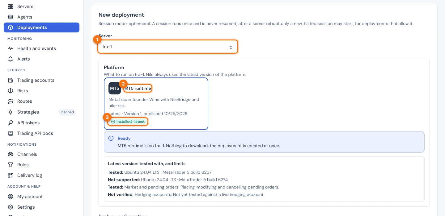 The New deployment form with the Server list, the MT5 runtime platform card and its Installed latest tag, numbered 1 to 3.