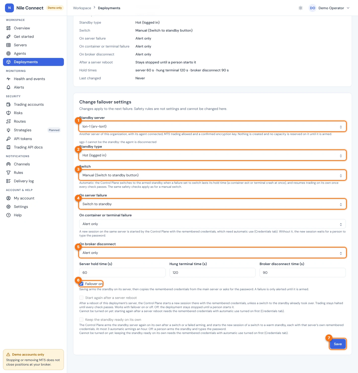 The Change failover settings card with the standby server, standby type, switch, on server failure, on broker disconnect, Failover on and Save controls marked 1 to 7.
