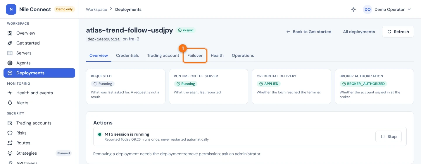 A deployment page with its tabs Overview, Credentials, Trading account, Failover, Health and Operations. The Failover tab is marked 1.