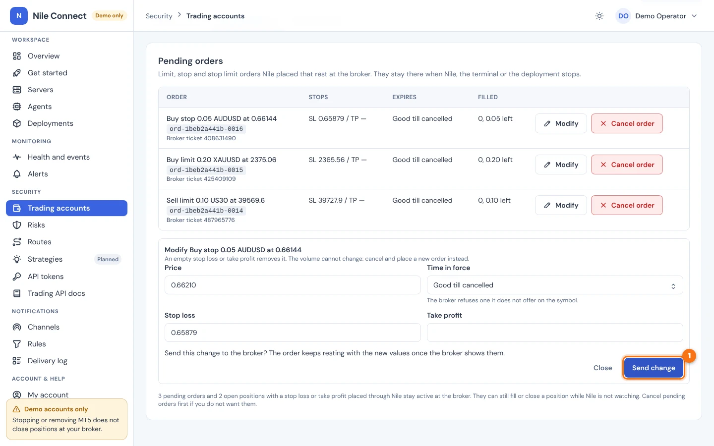 The Modify form after Review change, showing the question and the Send change button marked 1.
