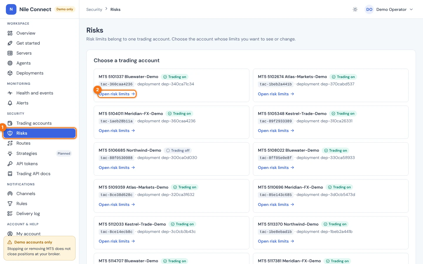 The Risks page listing trading accounts. Marker 1 is Risks in the sidebar, marker 2 is the Open risk limits link of the first account.