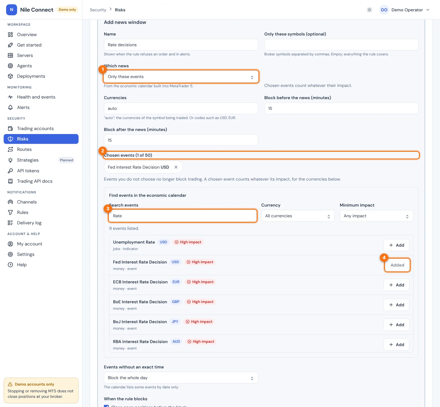 The news editor set to Only these events. Marker 1 is the Which news choice, marker 2 the Chosen events list with one event, marker 3 the Search events box, marker 4 the Added button of the chosen event.