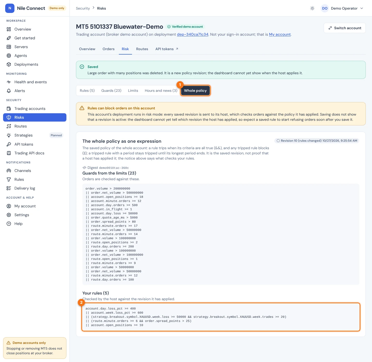 The Whole policy section listing the guards and then the account's rules as expressions. Marker 1 is the Whole policy tab, marker 2 the list of your rules.