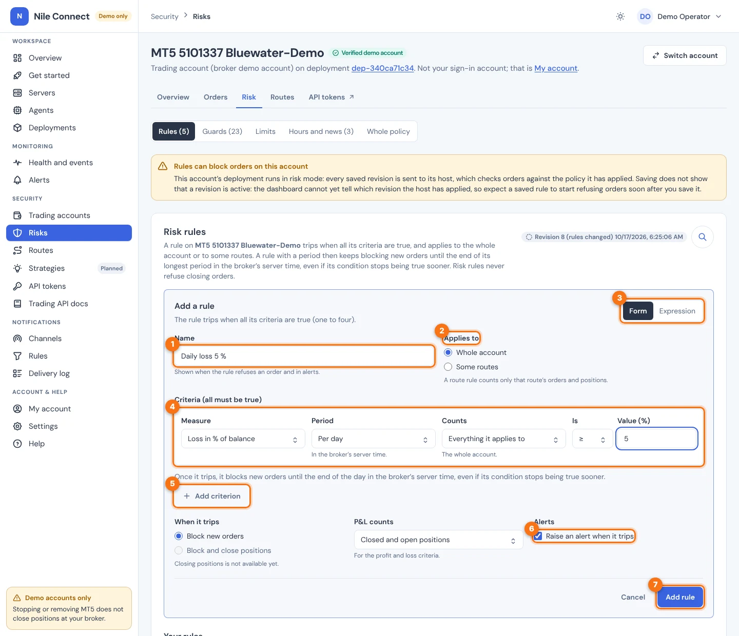 The Add a rule form filled in for a 5 percent daily loss. Markers 1 to 7 point to the name, Applies to, Edit as, the criterion, Add criterion, the alert checkbox and the Add rule button.