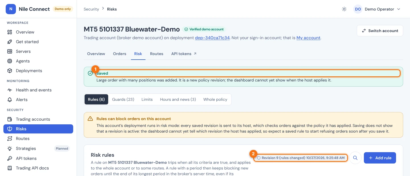 The Risk tab after saving. Marker 1 is the green Saved notice, marker 2 the revision badge, which has gone up by one.