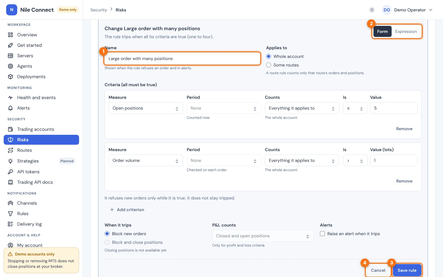 The editor open on an existing rule called Change Large order with many positions. Markers 1 to 4 point to the name, the Edit as switch, Save rule and Cancel.