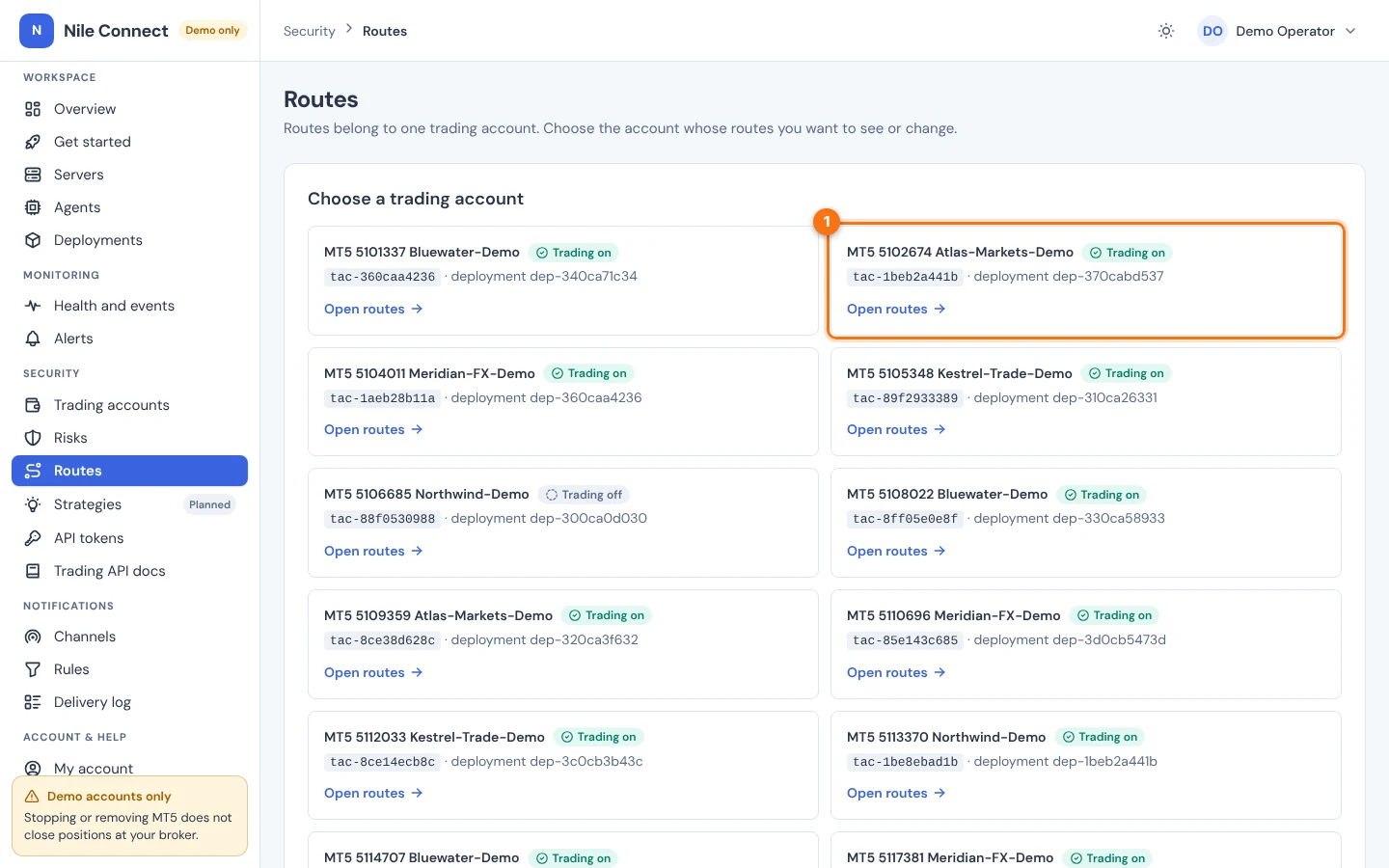 The Routes page with a card for each trading account. Number 1 marks the Open routes link of one account.