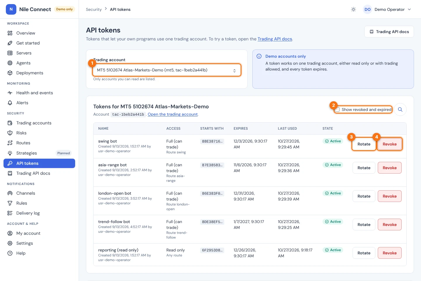 The API tokens page showing the tokens of one account. Numbers mark the account selector, the Show revoked and expired box, a Rotate button and a Revoke button.