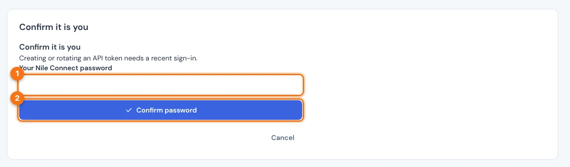 The Confirm it is you card with a password field and a Confirm password button marked 1 and 2.