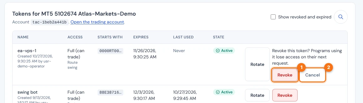The revoke question inside a token row. Number 1 marks the Revoke button and number 2 the Cancel button.