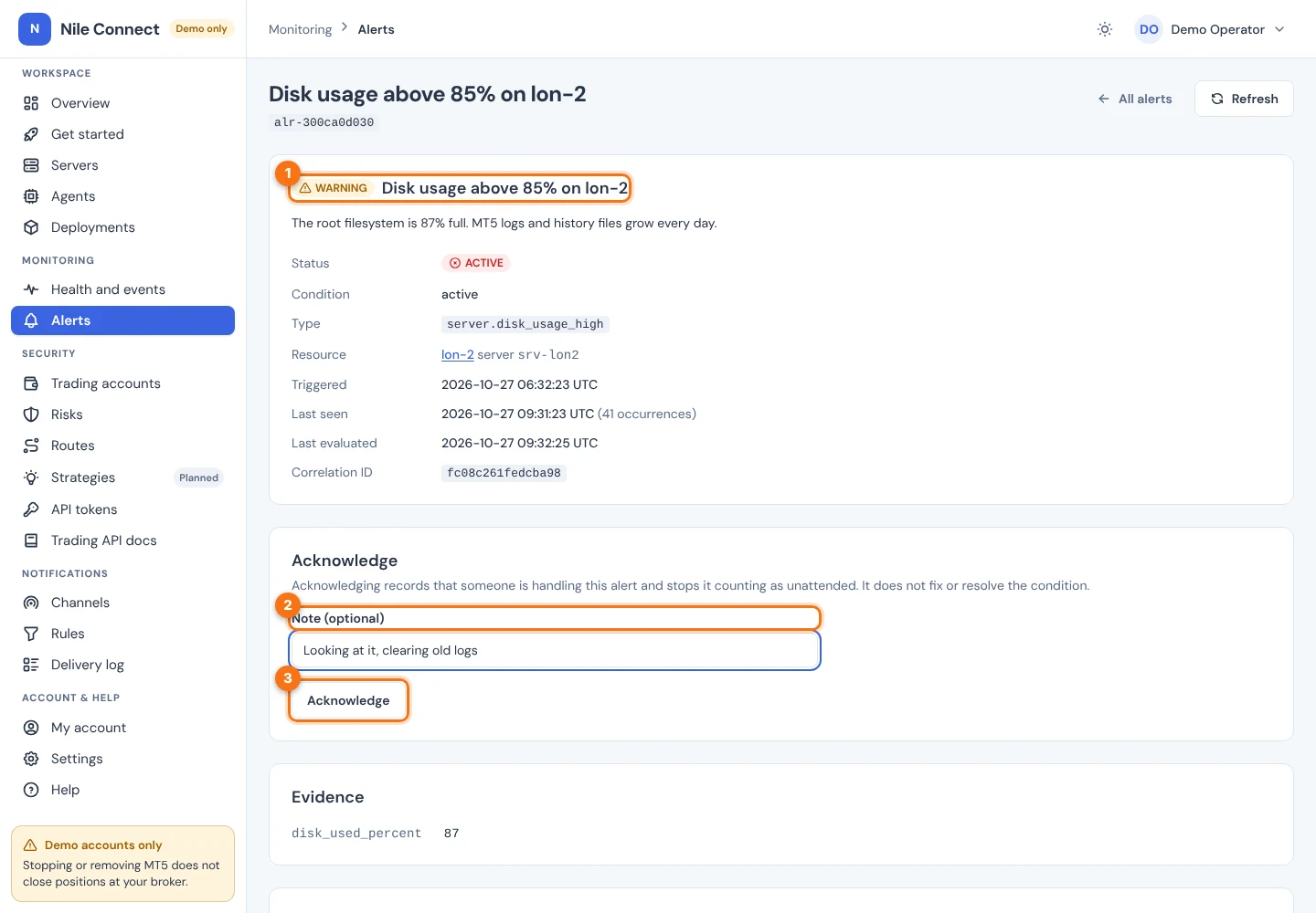 An alert page for disk usage on a server. The top card is marked 1, the Note box 2 and the Acknowledge button 3. Evidence shows disk_used_percent 87.