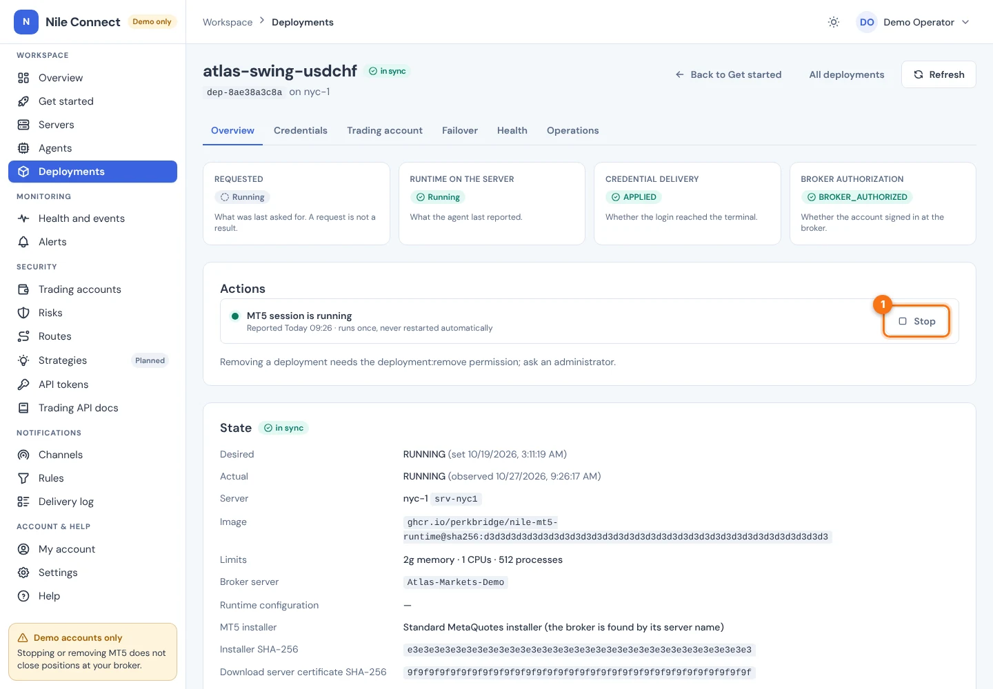 A running deployment page with the Actions card. The Stop button is marked 1.