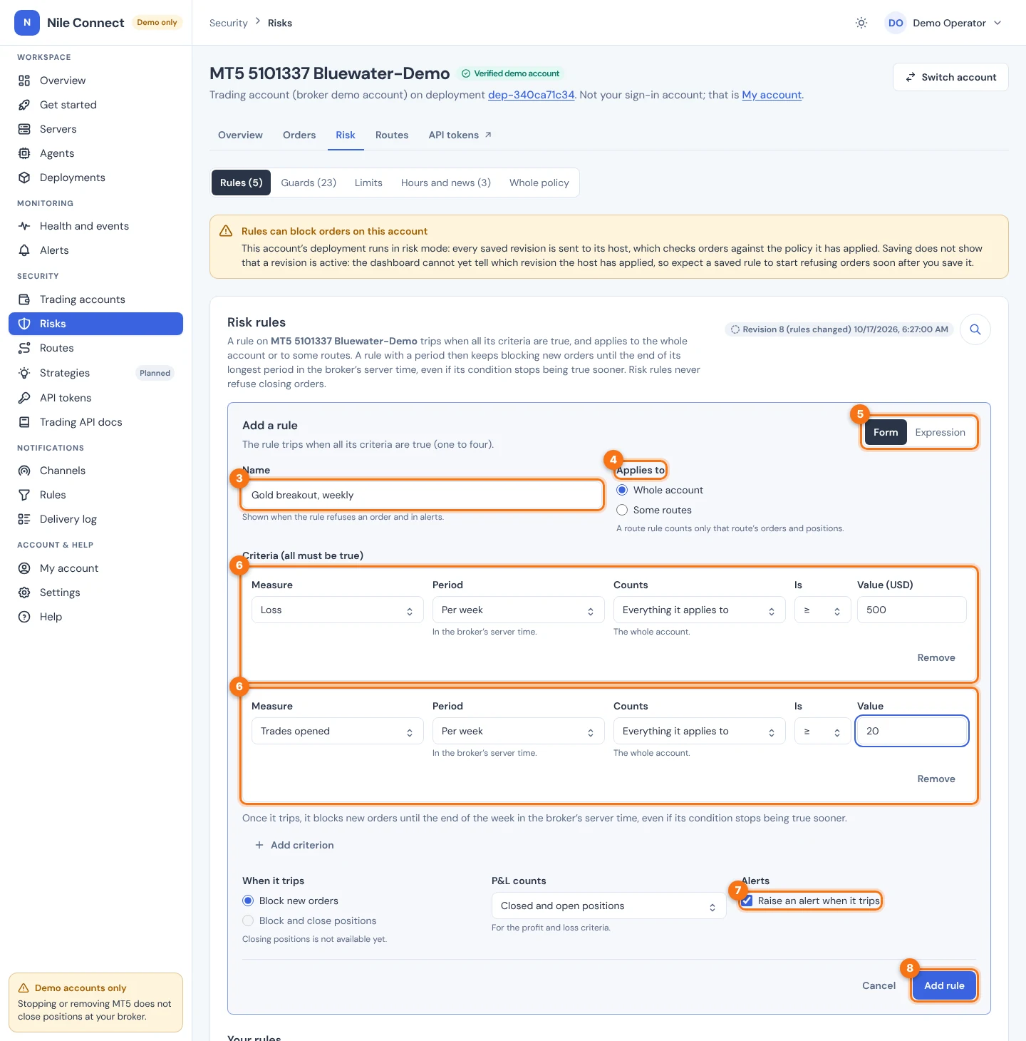 The Add a rule form filled in with two weekly criteria. Markers 3 to 8 point to the name, Applies to, Edit as, the criteria, the alert checkbox and the Add rule button.