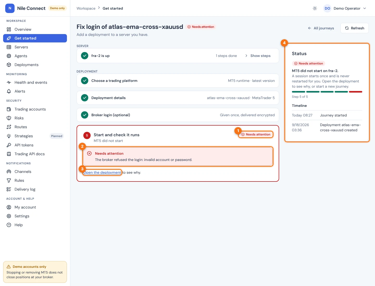 A journey whose last step shows Needs attention with the message that the broker refused the login. Numbers mark the badge, the message, the Open the deployment link and the Status panel.