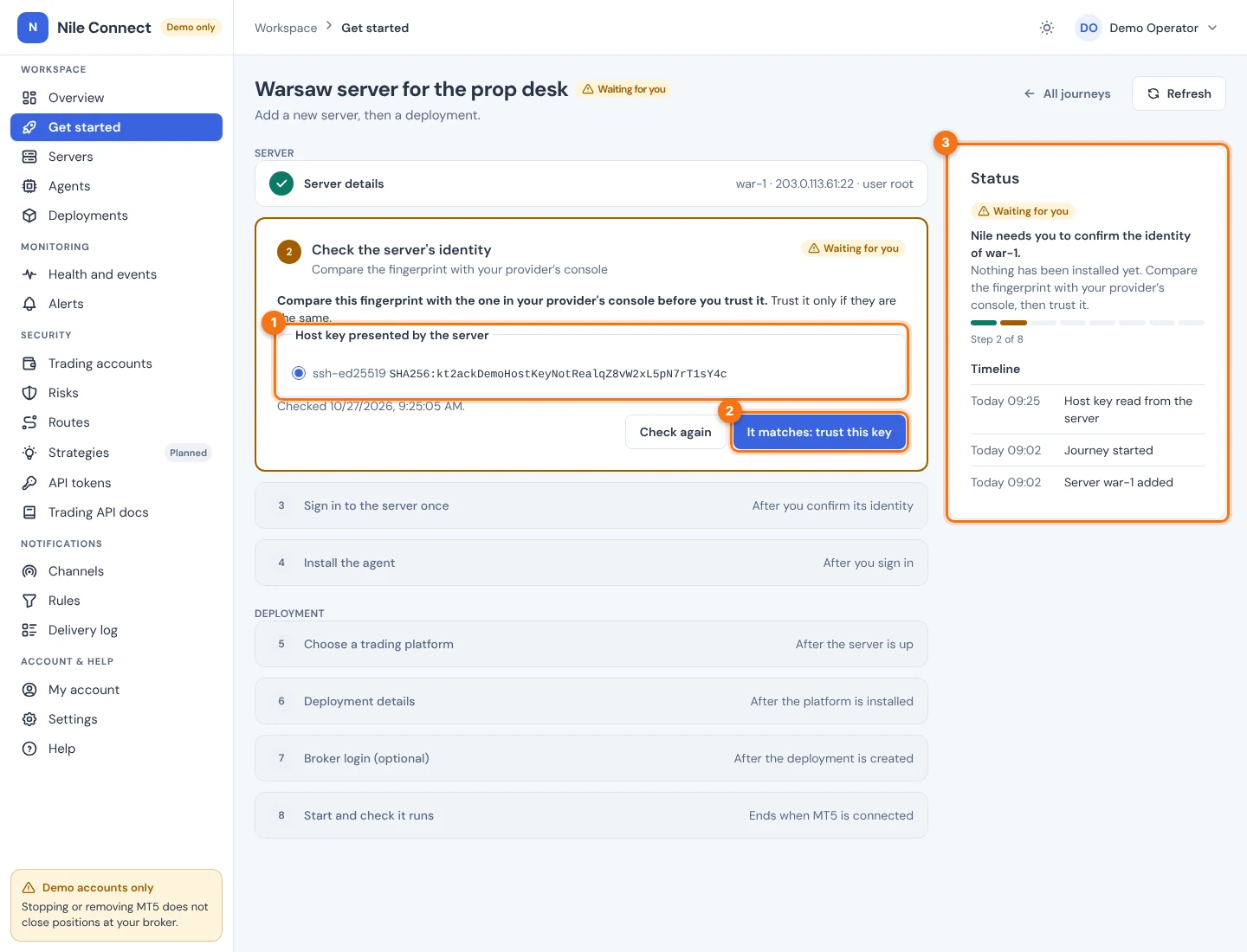 The second journey step, Check the server's identity, with a host key fingerprint and a trust button, and the Status panel on the right. Numbers mark the fingerprint, the trust button and the Status panel.