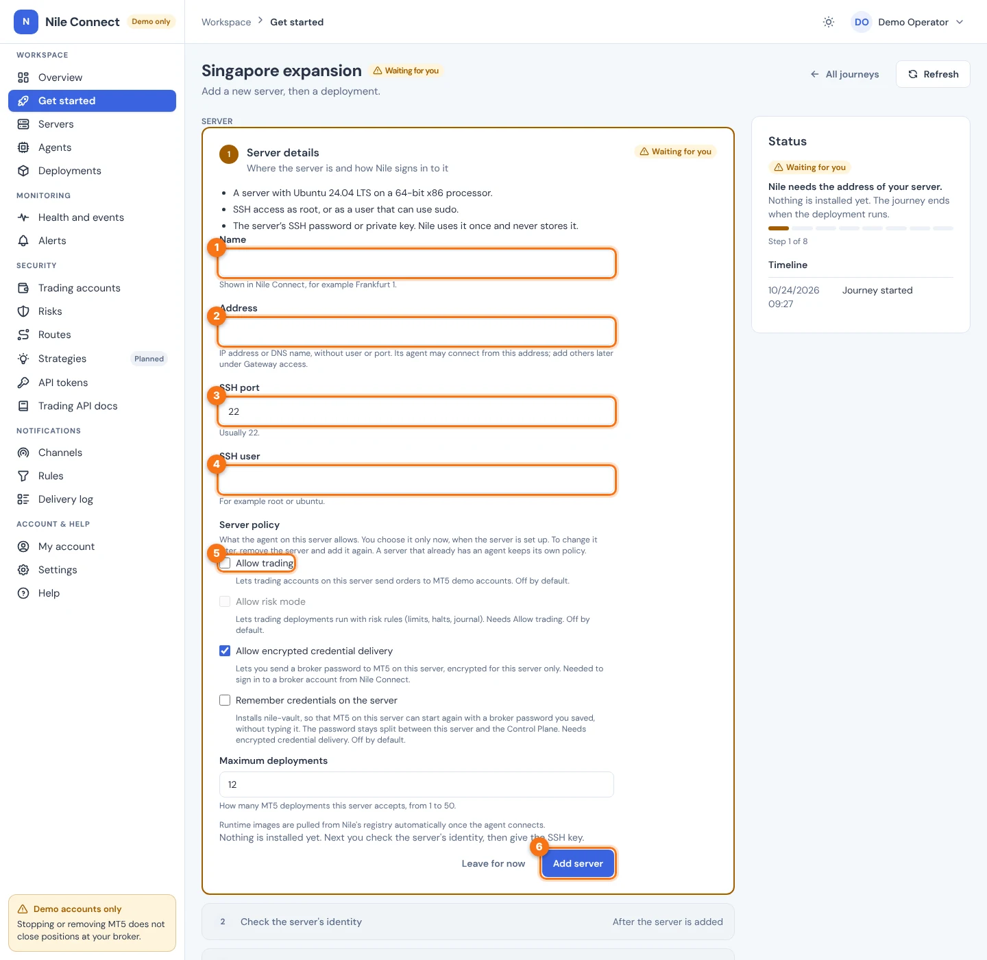 The first journey step, a form with Name, Address, SSH port and SSH user, a Server policy section and an Add server button. Numbers mark the four fields, the Allow trading option and Add server.