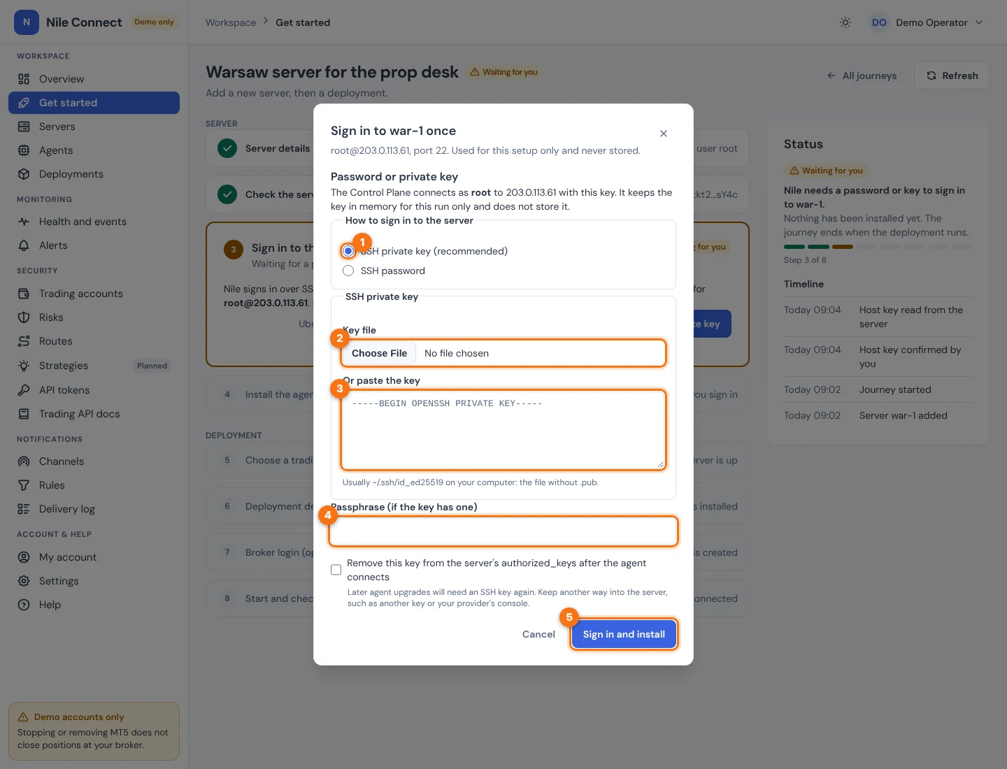 The sign-in dialog with the option SSH private key selected. Numbers mark the key option, the key file chooser, the paste box, the passphrase field and the Sign in and install button.